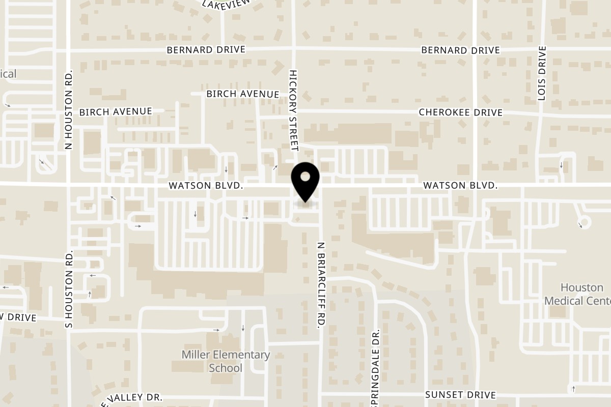 Map showing the location of Greek Village on 1801 Watson Blvd in Warner Robins